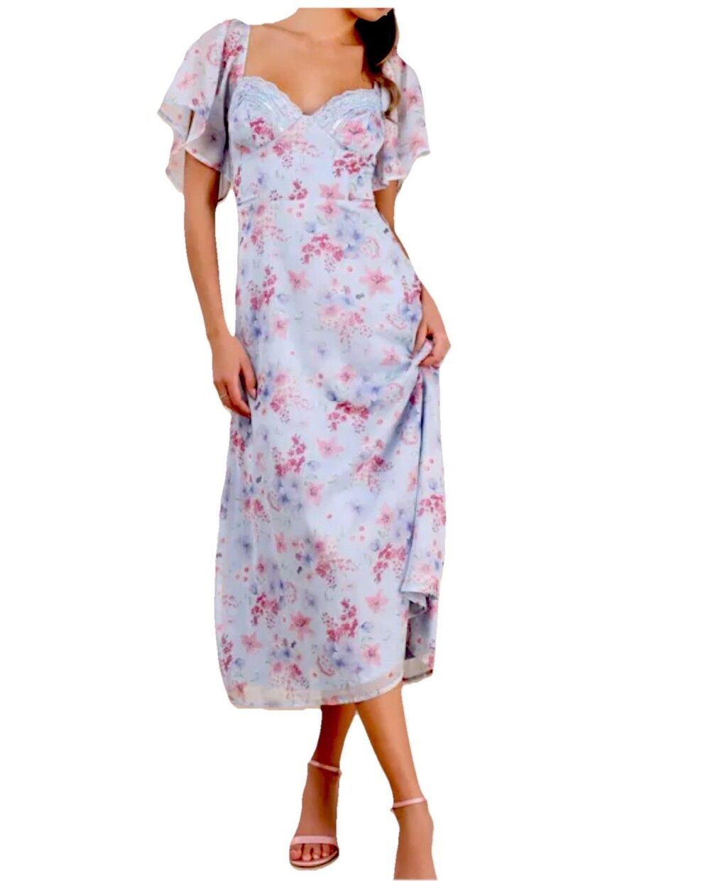 Lulus Valla Light Blue Floral Midi Dress Sweetheart Puff Sleeve NWT XS Cottacore